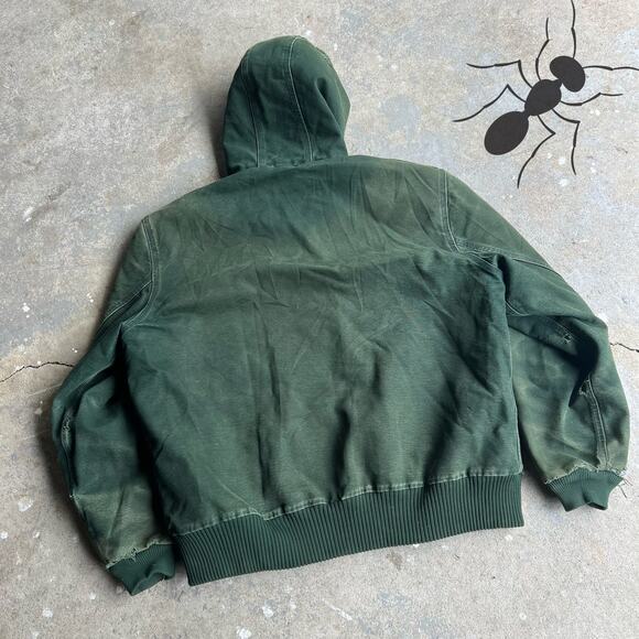 Vintage Y2K Carhartt faded J130 SPC green hooded work wear jacket - Picture 6 of 16